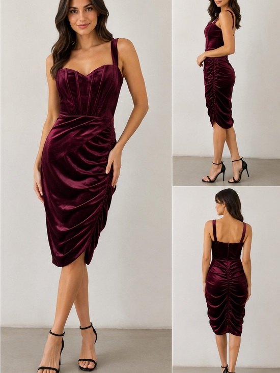 le chateau Dresses & Skirts - NWT Le Château Wine Velvet Ruched Cocktail Dress L Burgundy Corset
